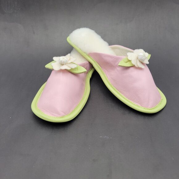 Vtg Amy Jo Gladstone Pink & Green Slide Slippers Size M Leather - Picture 1 of 9